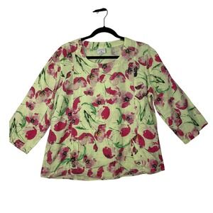 Color Me Cotton Floral Linen‎ Top Women M Pink Green Lightweight 3/4 Sleeve